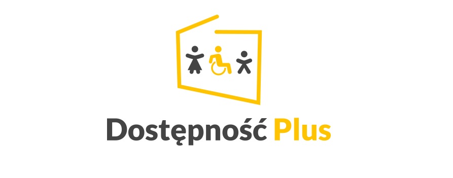 Zarys mapy Polski a w środku 3 postacie, od lewej kobieta, osoba na wózku inwalidzkim, męszczyzna. Poniżej napis "Dostępność Plus"