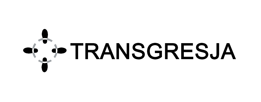 Logo Fubndacji Transgesja. Cztery ślady po butach skierowane do góry, w prawo, w lewo i na dół. Obok napis TRANSGRESJA