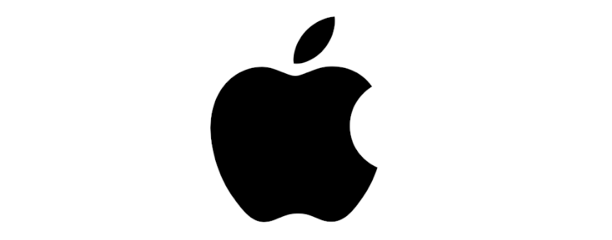 Czarny logotyp firmy Apple na białym tle. Logotyp przypomina nadgryzione jabłko.