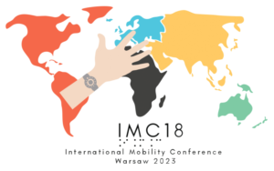 logo wydarzenia IMC18 International Mobility Conference Warsaw 2023, kontury wszystkich kontynentów i ręka wskazująca na Warszawę