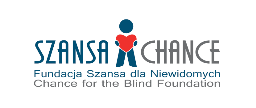 logotyp Fundacji Szansa dla Niewidomych, napis SZANSA po lewej stronie, kontur człowieka trzymającego serce w środku, napis CHANCE po prawej