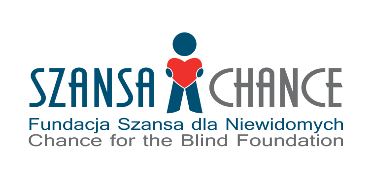 logotyp Fundacji Szansa dla Niewidomych, napis SZANSA po lewej stronie, kontur człowieka trzymającego serce w środku, napis CHANCE po prawej