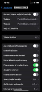 Widok okna ustawień dla pisma brajla.