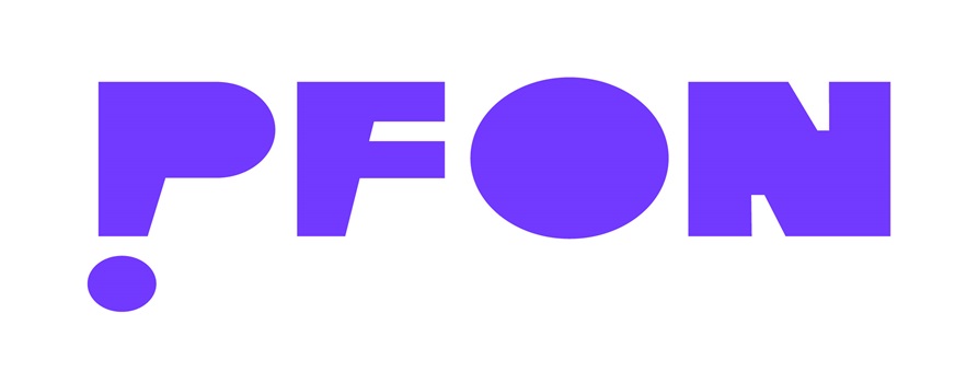 Logotyp PFON, na białym tle fioletowy napis PFON