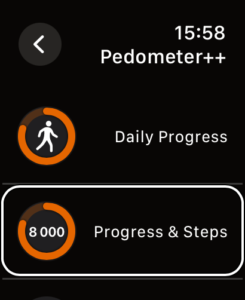 Widok opcji Pedometer++ dostępnych na komplikacji tarczy zegarka.