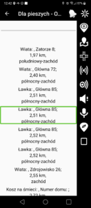 Zrzut ekranu przedstawiający ekran Najbliższe punkty z OSM wynik wyszukiwania kategoria Dla pieszych