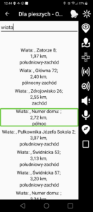 Zrzut ekranu przedstawiający najbliższe Punkty OSM ekran odfiltrowania wiat po wyszukaniu w kategorii Dla Pieszych