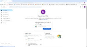 zrzut ekranu z stroną główną zarządzanie kontem google, dużo ustawień i kategorii, konto na Kamil Żak