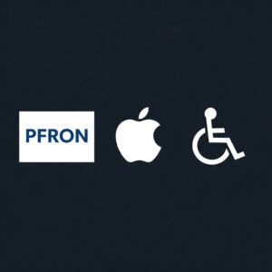 Grafika wygenerowana przez Gemini - Trzy symbole na ciemnym tle. Po lewej stronie biały prostokąt z napisem PFRON, za nim symbol firmy Apple, następny to symbol osób z niepełnosprawnościami
