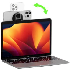 MacBook Pro z otwartym ekranem, na którym wyświetlana jest abstrakcyjna, kolorowa tapeta. Na górnej części laptopa możliwość doczepienia telefonu