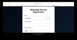 Widok formularza rejestracji PiccyBota w aplikacji WhatsApp. Formularz zawiera wypełnione pola z danymi