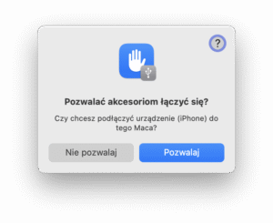 Zrzut ekranu z oknem dialogowym z systemu macOS z pytaniem o pozwolenie na połączenie akcesorium z komputerem