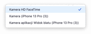 Zrzut ekranu z opcjami wyboru kamery w aplikacji Zoom. Pierwsza opcja, która jest zaznaczona, to Kamera HD FaceTime