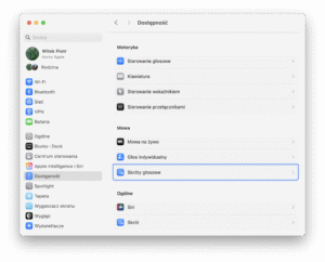 Widok Ustawień systemu macOS. Otwarta sekcja ustawień dostępności. Na ekranie widać ustawienia mowy,