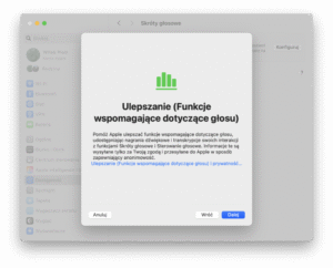 Widok z ekranu z prośbą Apple o wsparcie przy udoskonalaniu funkcji wspomagających dotyczących głosu