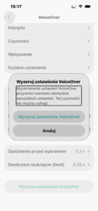 Widok ekranu wyzerowywania ustawień czytnika ekranu VoiceOver.