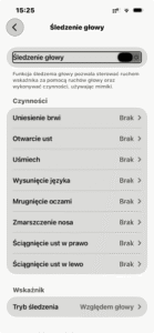 Widok ustawień funkcji sterowania głową.