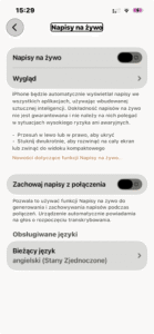 Widok ustawień w zakładce Napisy na żywo