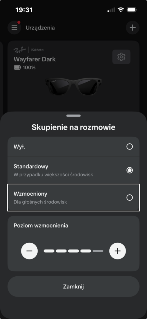 Widok sekcji Urządzenia w aplikacji Meta AI, gdzie pokazane są okulary przeciwsłoneczne Wayfarer Dar