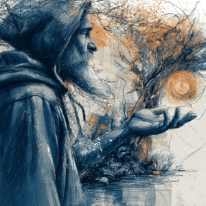 postać mędrca z gry komputerowej Blind Magic. Starszy mężczyzna z brodą, ubrany w długą szatę kapturem. Ilustracja imitująca rysunek ołówkiem.